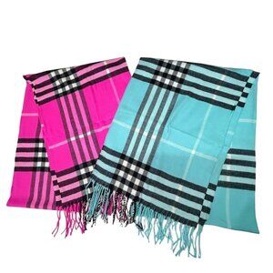 Set of 2- Italy Design Scarf Blue / Pink Cashmere Feel Plaid w/ Fringe Edge